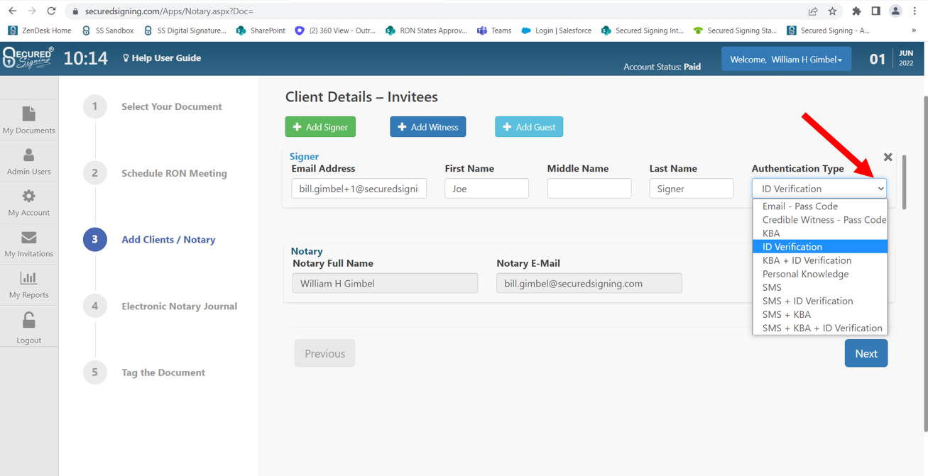 Biometric ID selection procedure for id verification authentication type