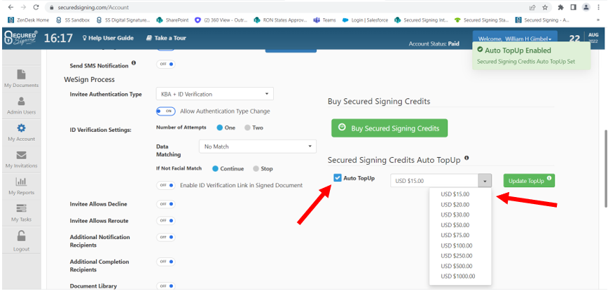 Enable auto top with Secured Signing