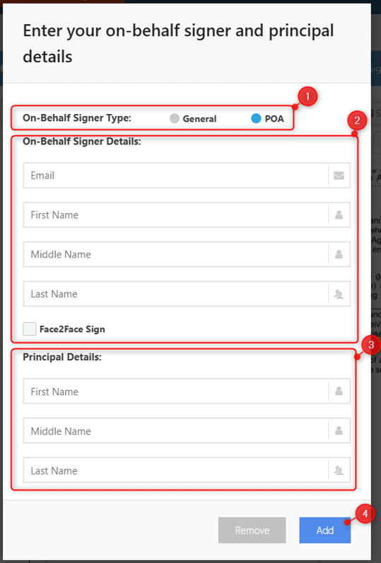 In the pop-up that displays for On-Behalf Signer Type