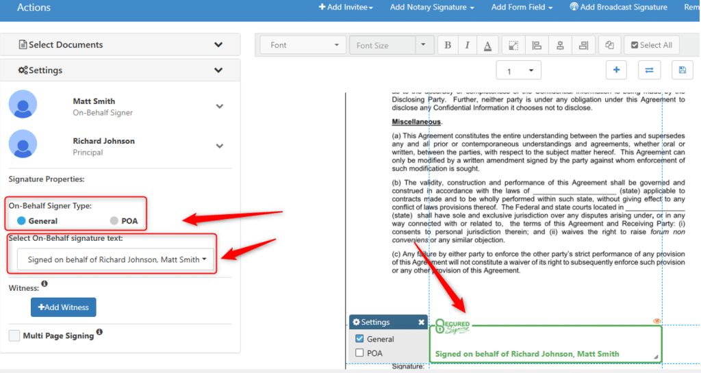 Once you have added the on-behalf signature to the document, you can select the default signature text.