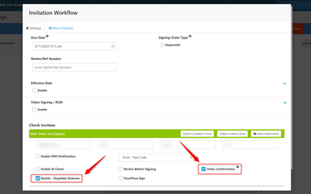 after enabling Video Confirmation in the invitation workflow for a document