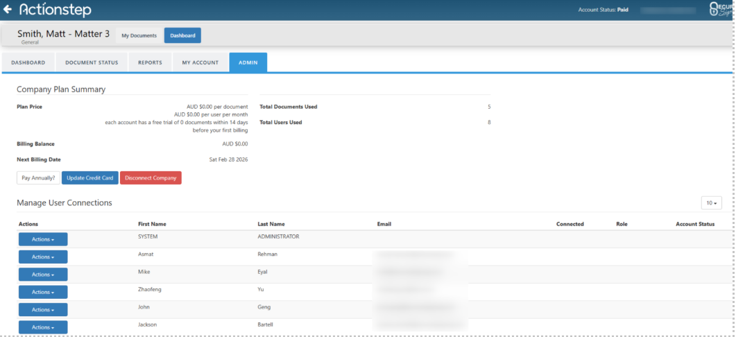 Actionstep | Connect users in your company to Secured Signing