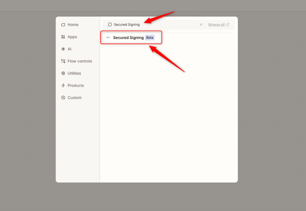Add Step’, search for ‘Secured Signing’ 2.5