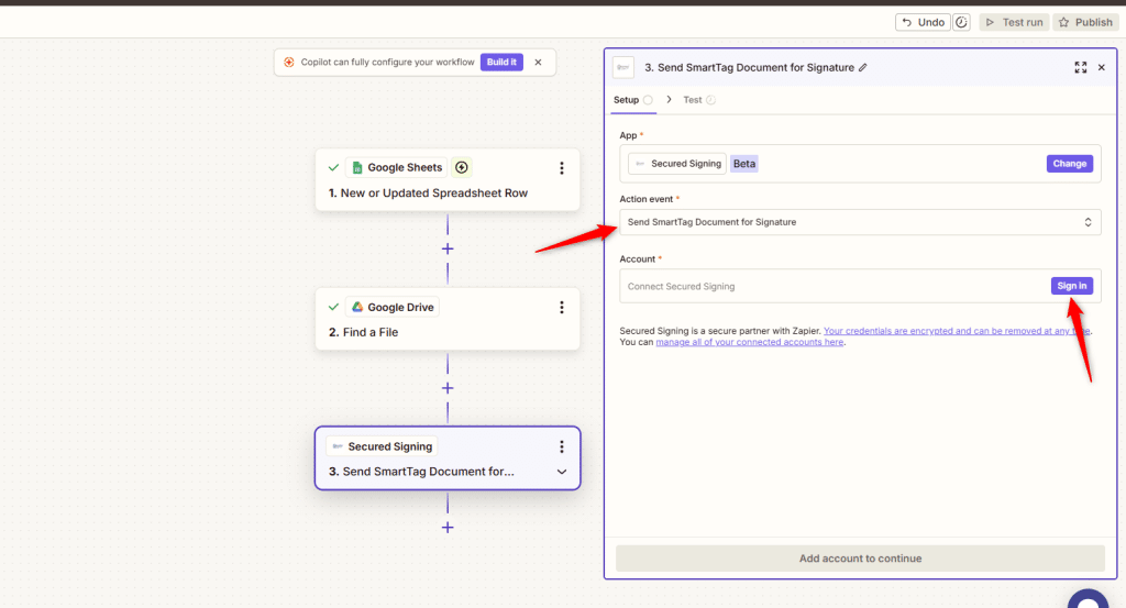 select the ‘Action event’ that you would like to use for your workflow,