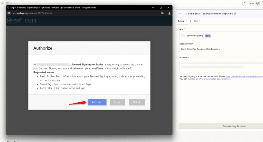 click ‘Authorize’ to complete the connection between Zapier and Secured Signing