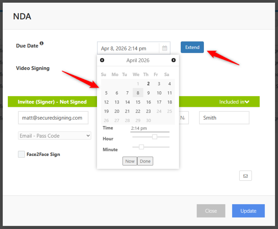 Step 5: Extend Document Due Date In document signing progress pop-up, you can change the due date of the document.