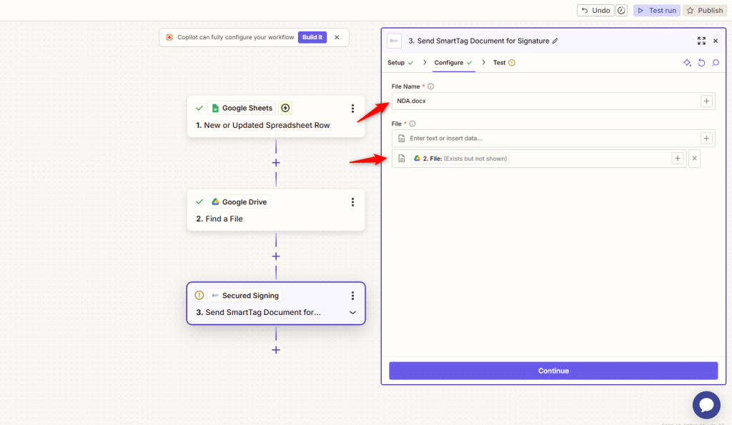 Configure’ tab to set up the required data for the action