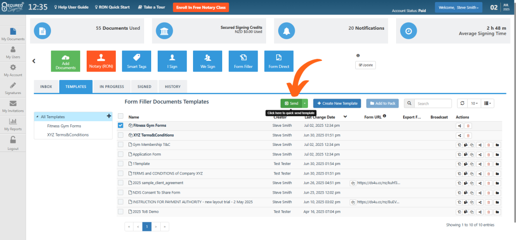 Templates Tab Tools - Send Package