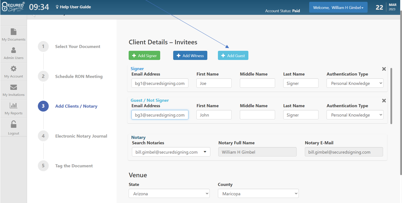 add a guest to a notarial session with secured signing