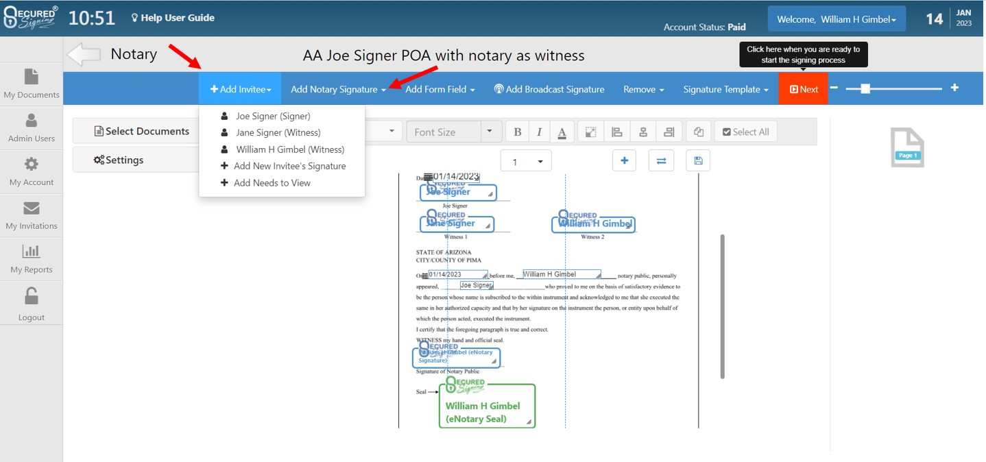 adding a witness document prep for ron with secured signing