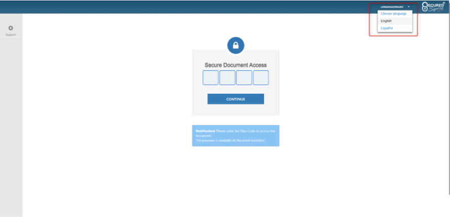 document access - invitee choose language - secured signing