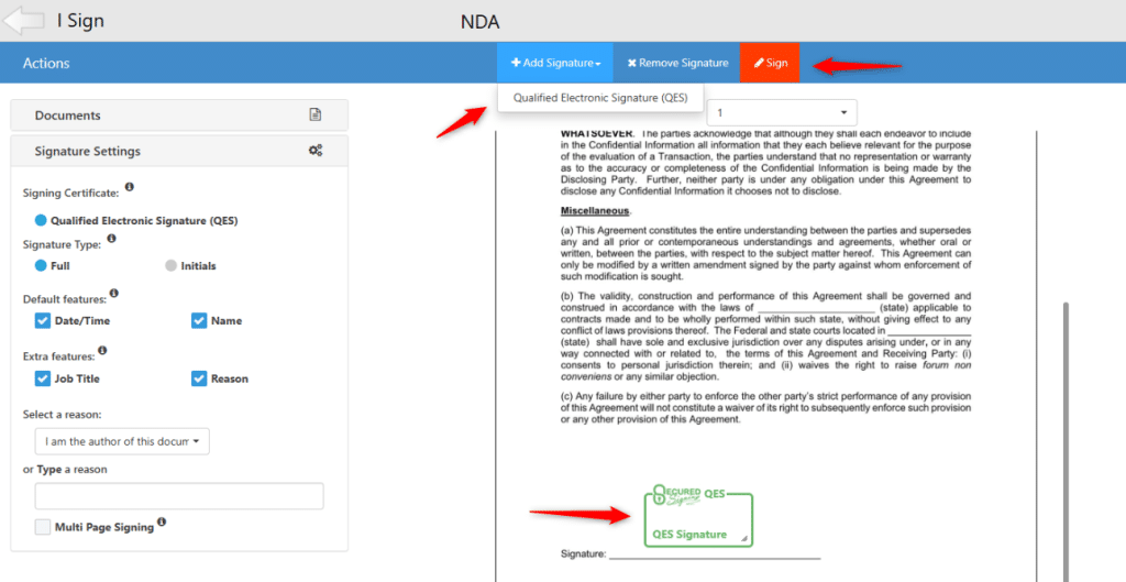 Qualified Electronic Signature (QES) to add a QES signature
