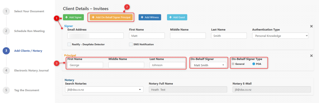 on-behalf signer in the Add Clients Notary page in the RON wizard